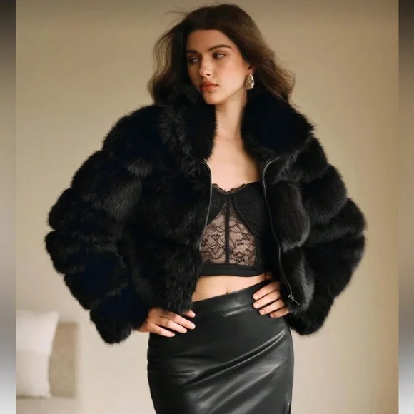 Luxury quilted faux fur jacket vintage style coat zip up black - Picture 7 of 13